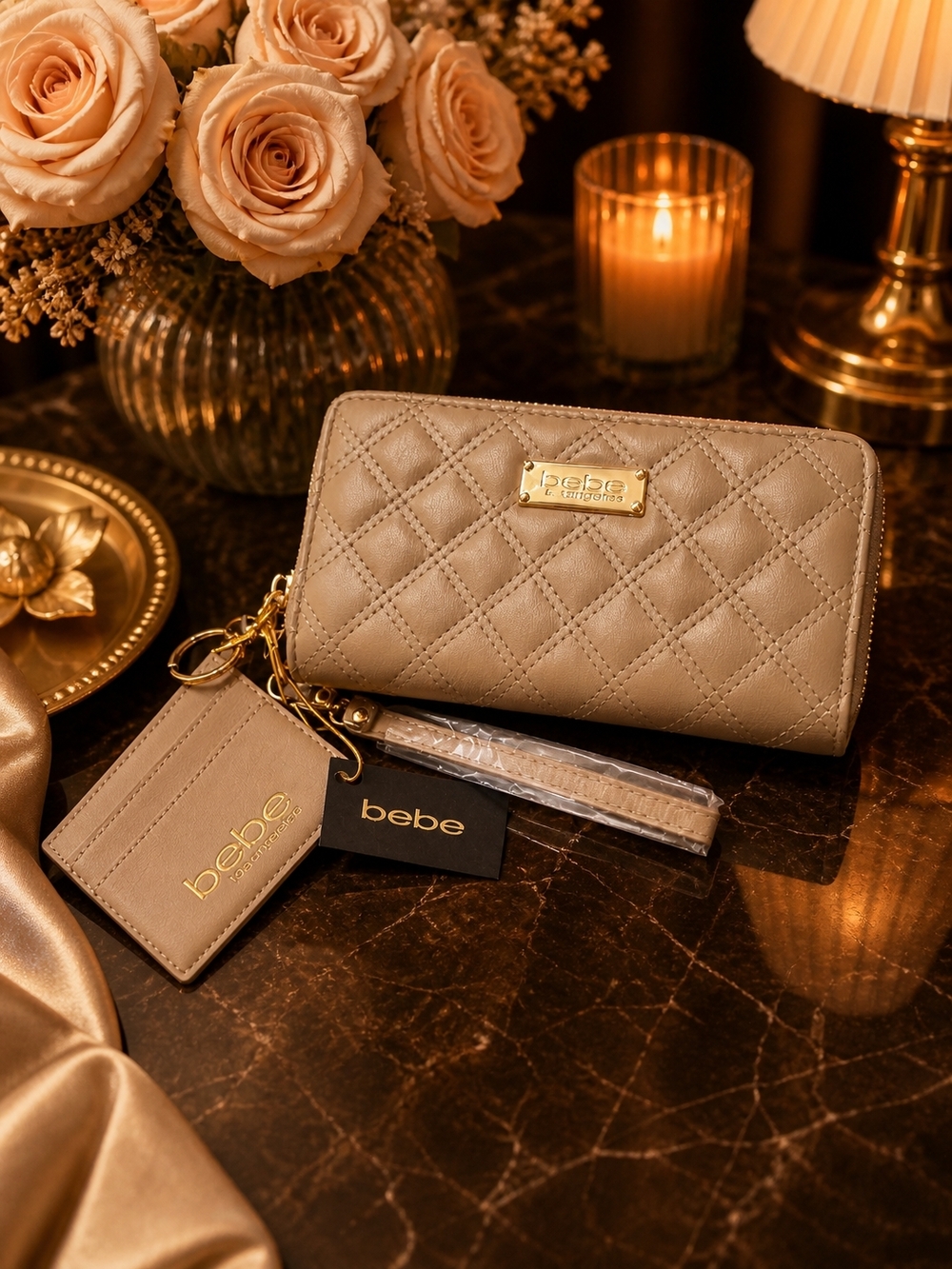 bebe Quilted Beige Wallet with Gold Hardware